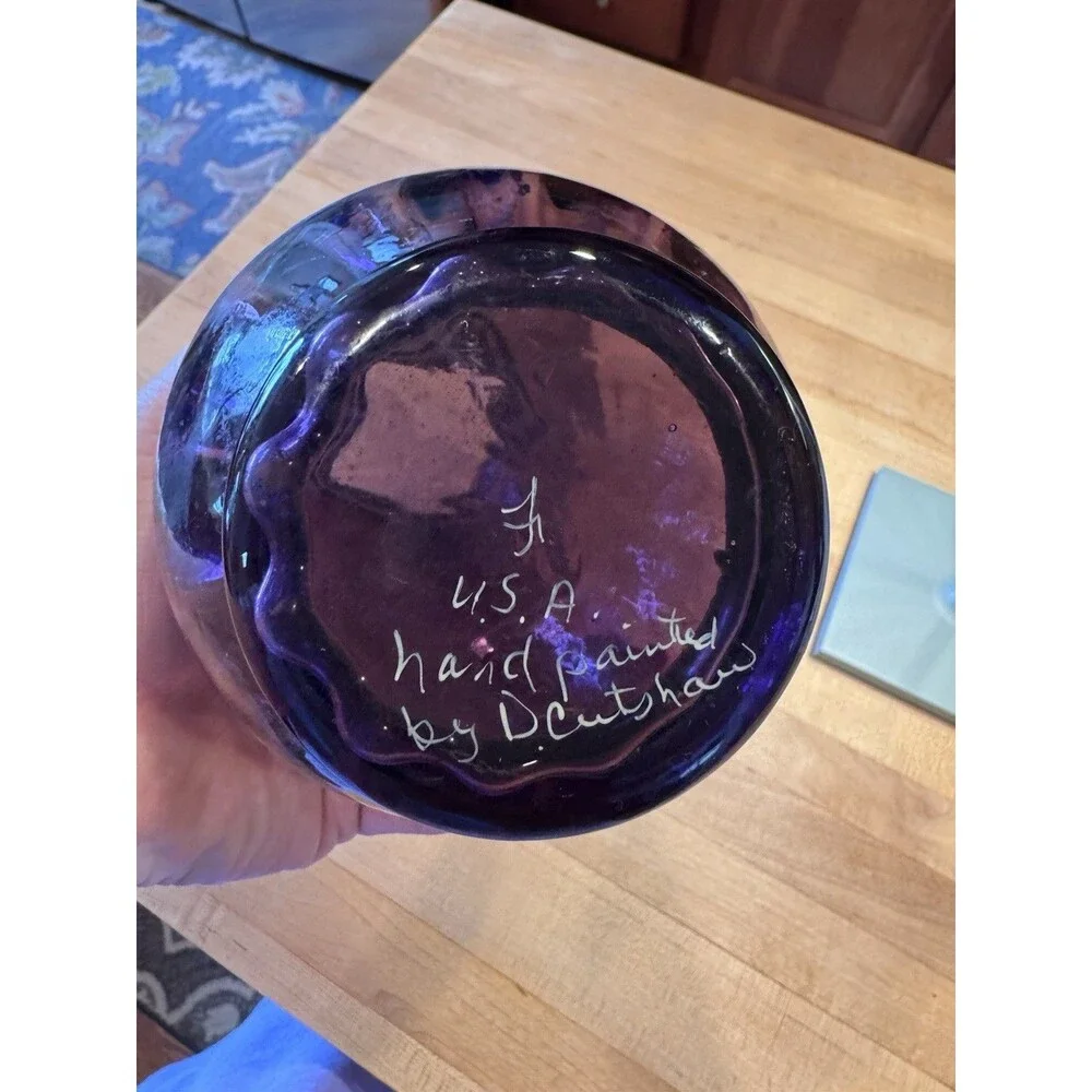 Fenton Amethyst Glass Vase Hand Painted Sunflower Dragonfly Signed D Cutshaw